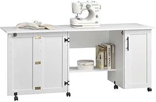 BOWERY HILL Contemporary Sewing Craft Cart, Engineered Wood, White Finish, Drop-Leaf Design, Adjustable Shelving, Smooth Caster Wheels, Space-Saving Table for Sewing or Small Workstations