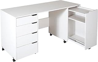South Shore Farmhouse Craft Table on Wheels with Sliding Shelf, Storage Drawers and Scratchproof Surface, Pure White