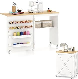 Giantex Folding Sewing Table - Farmhouse Sewing Machine Cabinet with Barn Door, 18 Pegs, 2 Storage Trays, Craft Station Side Desk Cart on Lockable Wheels (White & Natural, 46''L x 16''W x 30''H)