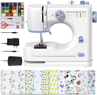 Sewing Machine for Beginners with Sewing Threads Kit(20Pcs Fabric & 32Pcs),Portable Sewing Machine with 12 Built-in Stitches & 2 Speed(High-Low Speeds) - Blue&White