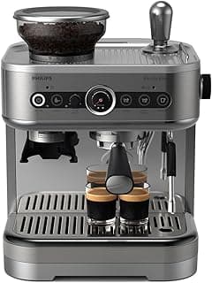 Philips Barista Brew Semi Automatic Espresso Machine - Single & Double Espresso,Americano, 250g Bean Container+Grinder+Milk Jug with temperature indicator,Calibrated Tamping,Metal Silver (PSA3218/01)