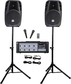 Rockville RPG2X12 PA Speaker System - Dual 12 Inch Powered Speakers, 8-Channel Mixer with Bluetooth, Adjustable Stands, 2 Wired Microphones, Cables