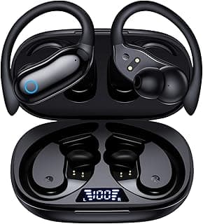 GNMN Active Noise Cancelling Ear Buds Wireless Earbuds 96hrs Playback Bluetooth Headphones Dual Battery Display Stereo Bass Earphones with Earhooks Microphone IPX7 Waterproof for Sports/Runing/Workout