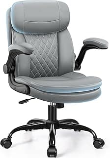 Leather Office Chair, Upgraded PU Computer Desk Chairs with Double-Layer Seat Cushion and Neckrest, 360°Swivel, Ergonomic Small Gaming Chair with Wheels and Adjustable Armrests for Short People, Grey