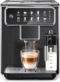 LINKLIFE Automatic Espresso Machine with Grinder and Milk Frother - Super Expresso Coffee Machines with 7 One-Touch Coffee Recipes for Latte, Cappuccino, Americano, Iced and Hot Coffee (Black)