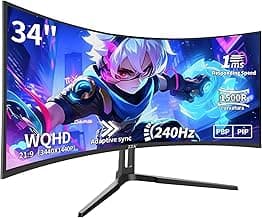 ZZA 34 Inch Curved Gaming Monitor, 3440x1440 UltraWide WQHD 240Hz, 1ms, Adaptive-Sync, HDR Display, 1500R, Bezel-Free Design, Eye Care, VESA Mount, for Gaming, Work, Streaming, Coding, Home Office