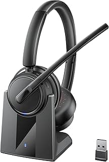 Mopchnic Wireless Headset with Noise Cancelling Microphone, On-Ear Bluetooth Headset with USB Dongle, Mute Function & Charging Base, Wireless Headphones for Work from Home and Call Center (Black)