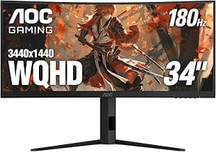 AOC CU34G4V 34" Frameless Curved Ultrawide Gaming Monitor, UWQHD 3440 x 1440 1500R, 21:9 Aspect Ratio, 180Hz 0.5ms MPRT, Display Port x 1, HDMI x 1, AMD FreeSync Premium, Height Adjustable, Black