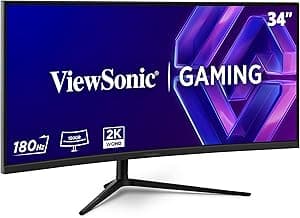 ViewSonic VX3418C-2K 34 Inch 1440p Ultrawide Curved Gaming Monitor, 180Hz and 1ms for Fast Gameplay, FreeSync Premium and HDR10 for Smooth Visuals, Full Ergonomic Adjustability, HDMI, and DisplayPort