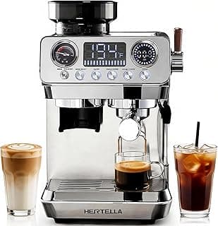 HERTELLA Espresso Machine with Burr Grinder, 20 Bar Visual Pressure Gauge, Milk Frother Steam Wand, Stainless Steel, 4 Temperature Modes (Hot and Cold Brew), Automatic Pressure Release Function