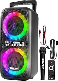 Dolphin Dual 12" Bluetooth Party Speaker - Portable Large Speaker with Wired Microphone, Multicolor LED Lights, USB Playback, Hi-Fi Amplifier, Powerful Bass, 5-Band Equalizer, Long-Lasting Battery