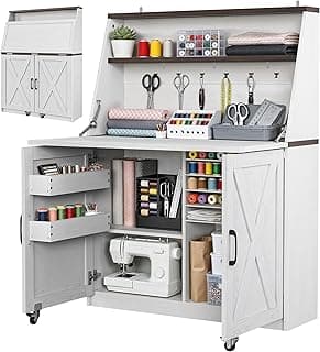 DWVO Folding Sewing Table with Charging Station & Storage, Multi-Function Craft Desk with Lockable Wheels, Magnetic Doors & Hidden Storage
